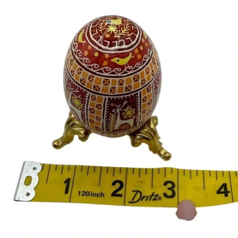 Hand Painted Pysanka Ukrainian Easter Egg‎ Red Reindeer Bird Folk Art with Stand
